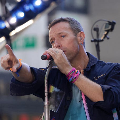 Chris Martin sings as Coldplay performs on the "Today" show at Rockefeller Plaza in New York City on Oct. 8, 2024.
