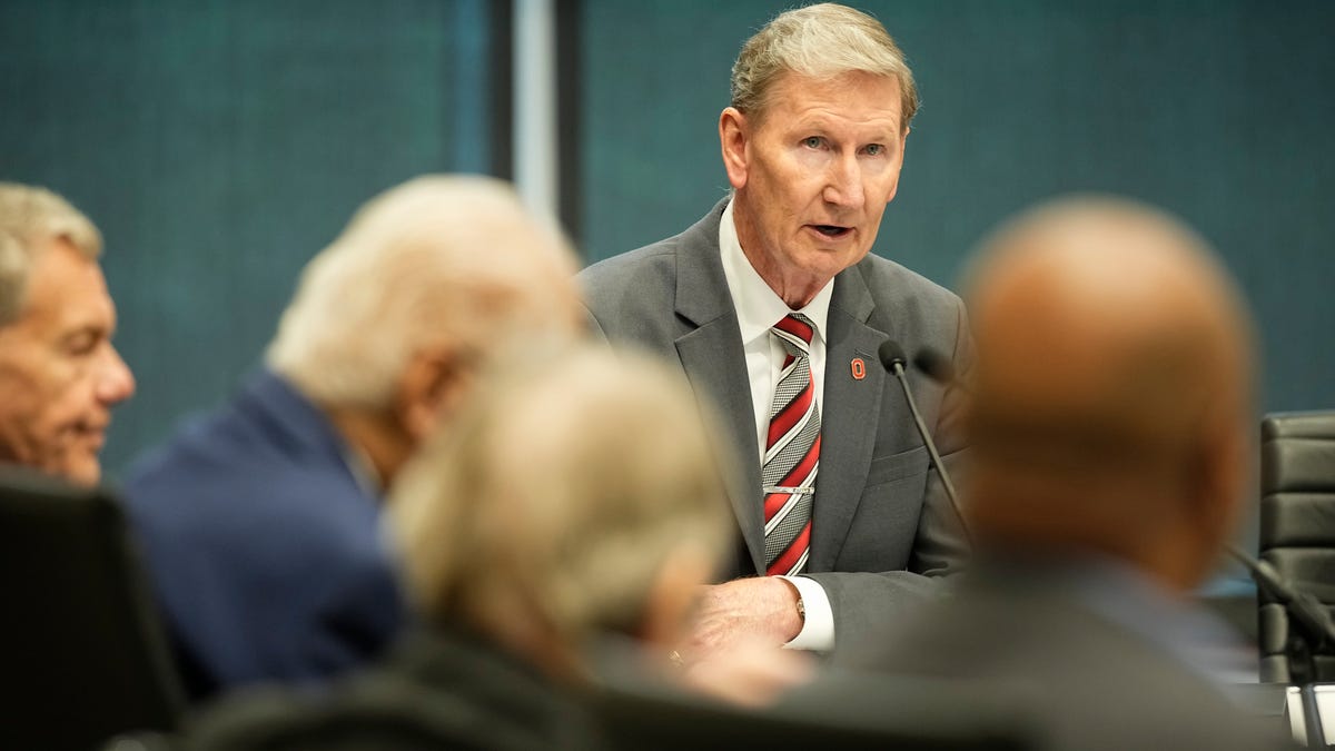 President Ted Carter gives a report during the Ohio State University Board of Trustees meeting at the Longaberger Alumni House on Aug. 20, 2025.