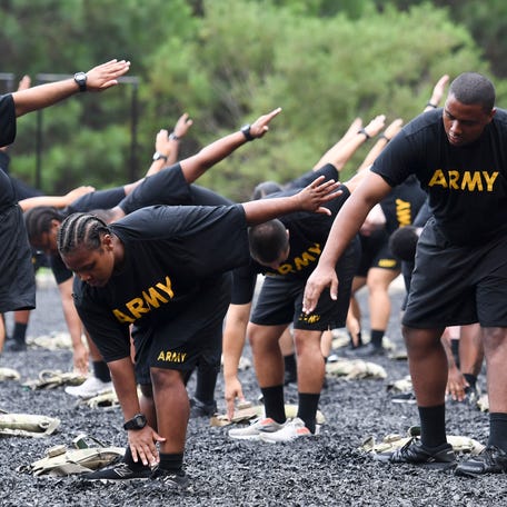 Trainees are led in exercises Tuesday, Aug. 19, 2025, at Fort Jackson Military Base in Columbia, South Carolina.