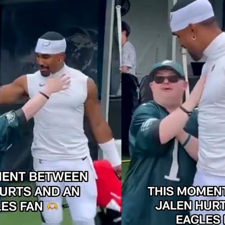 Eagles QB Jalen Hurts shares kind moment with fan before practice in viral video thumb