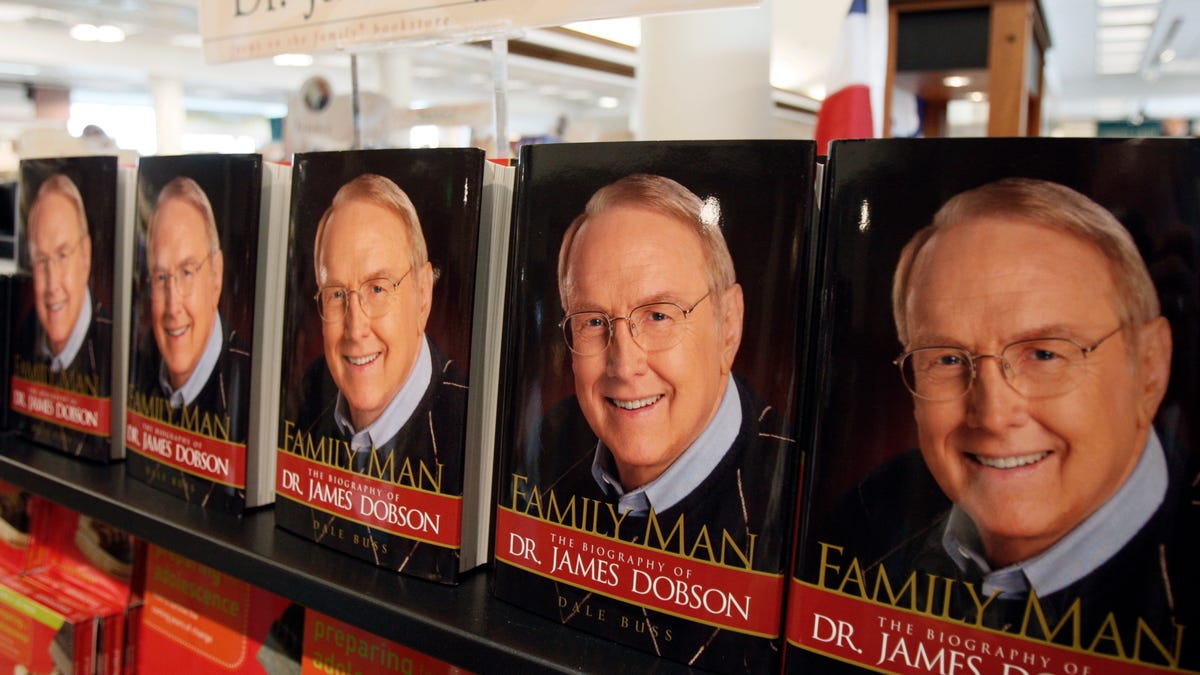 Copies of "Family Man", the biography of Dr. James Dobson, founder of Focus on the Family, are seen in the bookstore at the Focus headquarters in Colorado Springs, Colorado July 20, 2007. Picture taken July 20, 2007. REUTERS/Rick Wilking (UNITED STATES)