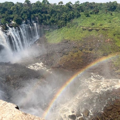 The group visited the Calandula Fall in Angola July 2, 2025 as part of the Tucker Family Heritage Tour. That day a rainbow appeared in the waterfalls.