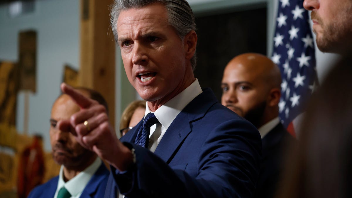 California Gov. Gavin Newsom speaks during a news conference to kick off the Yes on 50 campaign at the California Democratic Party Headquarters on August 21, 2025 in Sacramento, California.