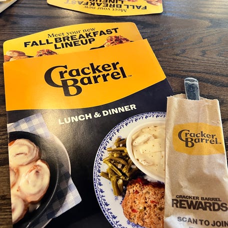 The new Cracker Barrel logo already appears on menus and paper wraps for cutlery on Aug. 22, 2025, in Fishers, Indiana.