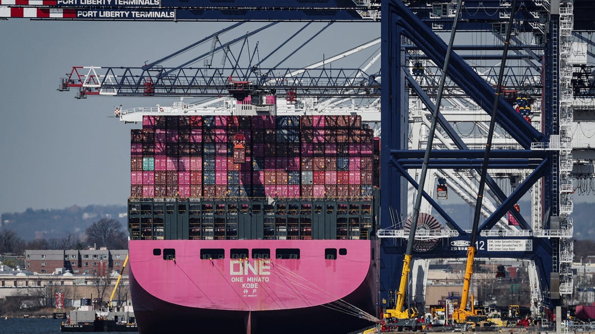 Containers are stacked on the deck of cargo ship One Minato at Port Liberty New York in Staten Island, New York, U.S., April 2, 2025.