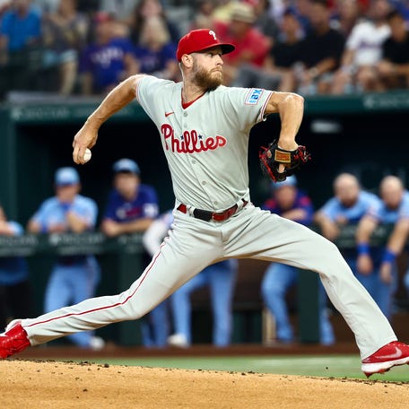 Philadelphia Phillies starting pitcher Zack Wheeler (45) throws during the first inning against the Texas Rangers at Globe Life Field on Aug 10, 2025.