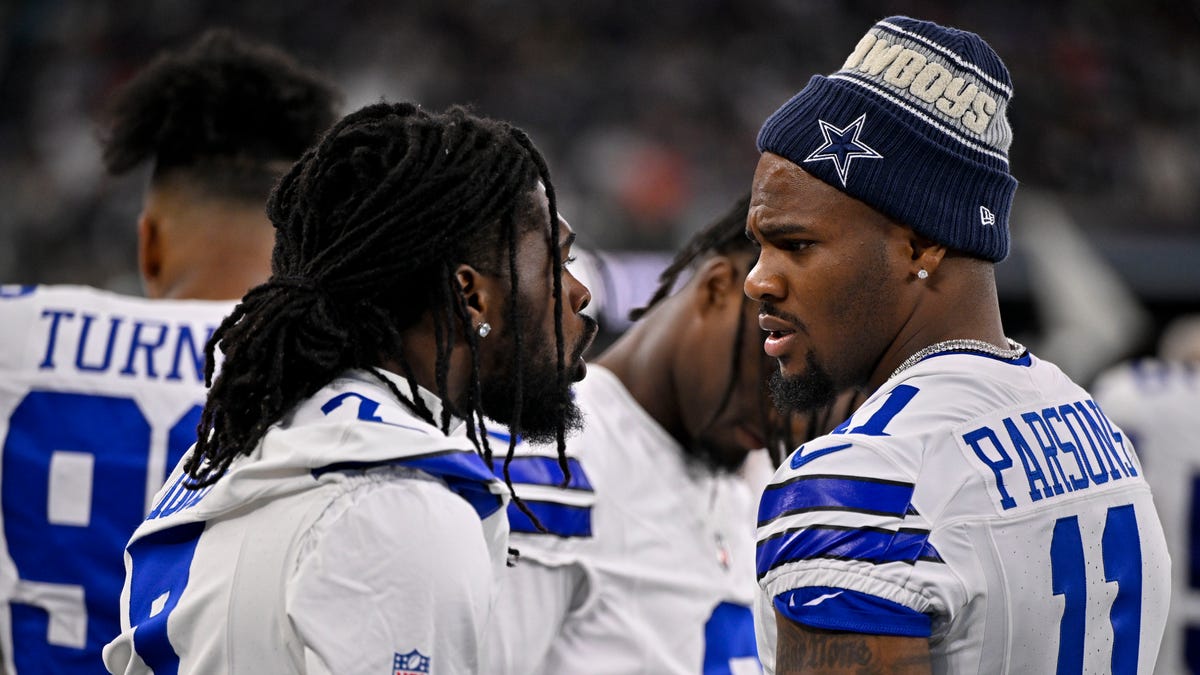 Aug 16, 2025; Arlington, Texas, USA; Dallas Cowboys cornerback Trevon Diggs (7) and defensive end Micah Parsons (11) during the game between the Dallas Cowboys and the Baltimore Ravens at AT&T Stadium. Mandatory Credit: Jerome Miron-Imagn Images