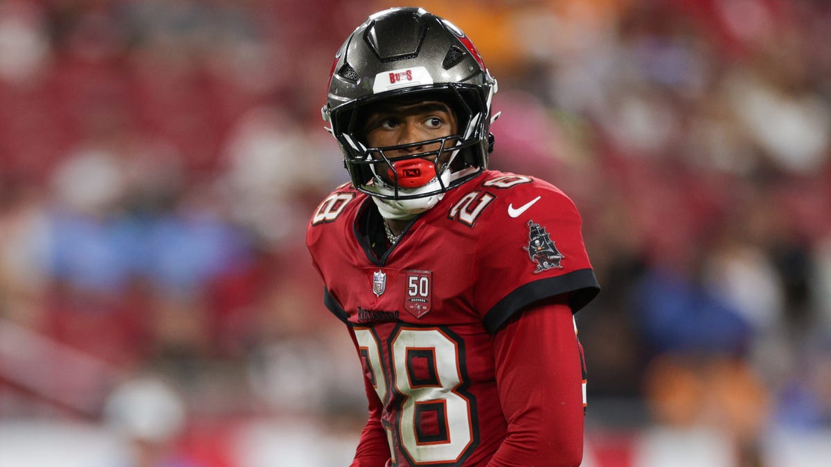Tampa Bay Buccaneers safety Shilo Sanders (28) looks on during a preseason game against the Tennessee Titans in the fourth quarter at Raymond James Stadium.