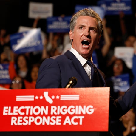 California Gov. Gavin Newsom speaks about the Election Rigging Response Act at a news conference on Aug. 14, 2025, in Los Angeles. The redistricting effort in California is in response to Texas, where Republican lawmakers are pushing new redistricting maps at President Donald Trump's request.