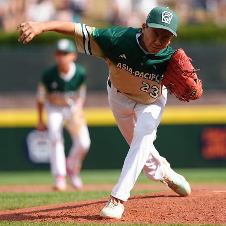 Lin Chin-Tse throws a pitch during the fifth inning of the Little League World Series championship game at Howard J. Lamade Stadium.