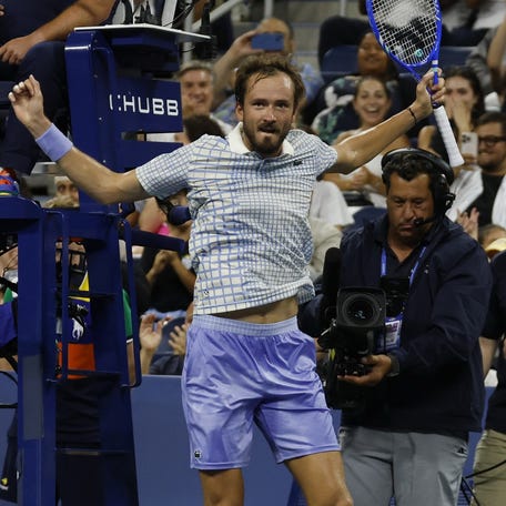 Daniil Medvedev gestures after winning a point against Benjamin Bonzi (FRA)(R) on day one of the 2025 US Open at USTA Billie Jean King National Tennis Center in Flushing, New York on Aug. 24, 2025.