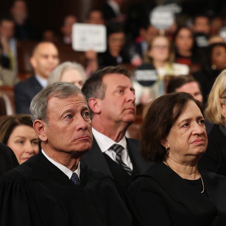 From left, Chief Justice John Roberts, Justice Elena Kagan and Justice Brett Kavanaugh attend President Donald Trump's address to a joint session of Congress at the U.S. Capitol on March 4, 2025, in Washington, DC.
