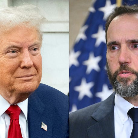 This combination of pictures created on November 14, 2024 shows then-U.S. President-elect Donald Trump on November 13, 2024, and then-Special Counsel Jack Smith on June 9, 2023.