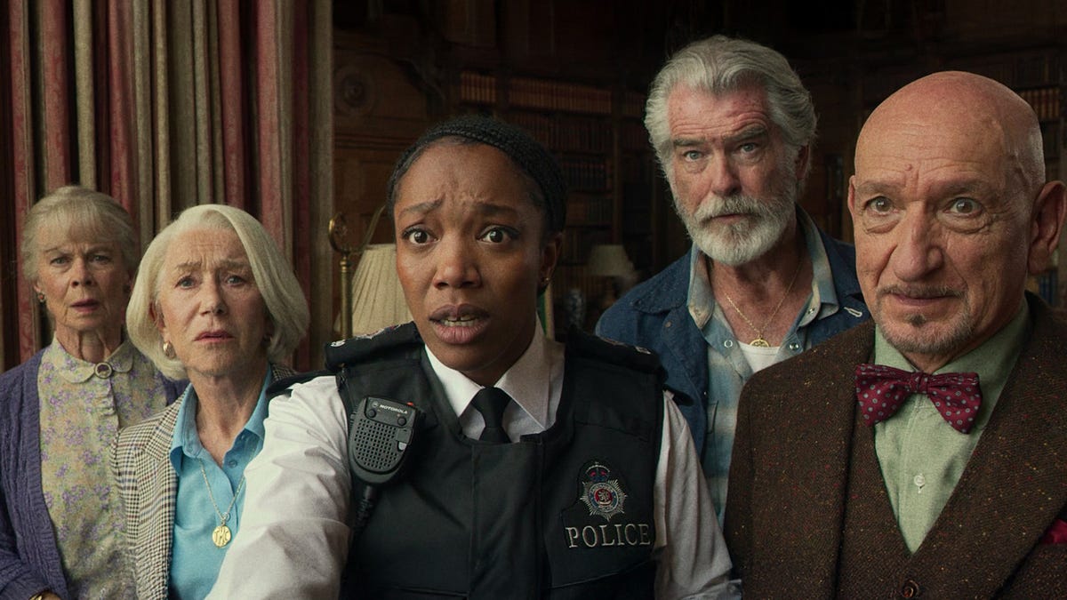 A rookie British cop (Naomi Ackie, center) befriends a group of elderly amateur sleuths (Celia Imrie, Helen Mirren, Pierce Brosnan and Ben Kingsley) in "The Thursday Murder Club."