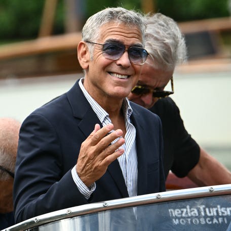 US actor George Clooney arrives at the Excelsior pier during the 82nd Venice International Film Festival at Venice Lido, on Aug. 27, 2025.