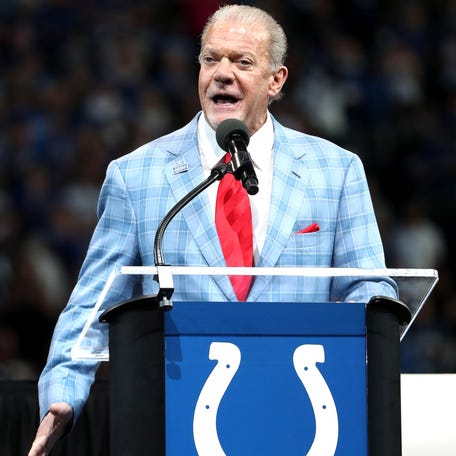 Indianapolis Colts owner Jim Irsay is seen at the ceremony where Peyton Manning and Edgerrin James received their Hall of Fame rings in 2021.