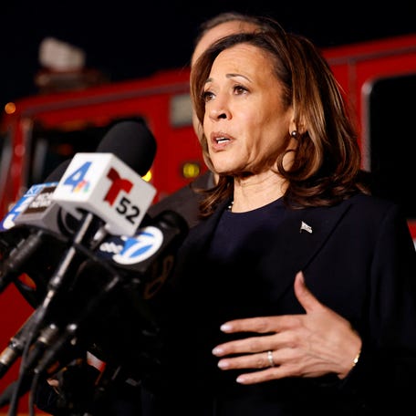 Former Vice President Kamala Harris gives a statement after visiting a fire station, upon her return from President Donald Trump's Inauguration, In Altadena, California, on Jan. 20, 2025.