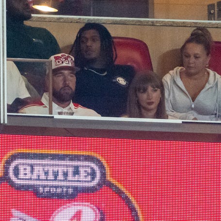 Aug 28, 2025; Kansas City, Missouri, USA; Travis Kelce and Taylor Swift during the third quarter between the Cincinnati Bearcats and the Nebraska Cornhuskers at GEHA Field at Arrowhead Stadium. Mandatory Credit: Dylan Widger-Imagn Images