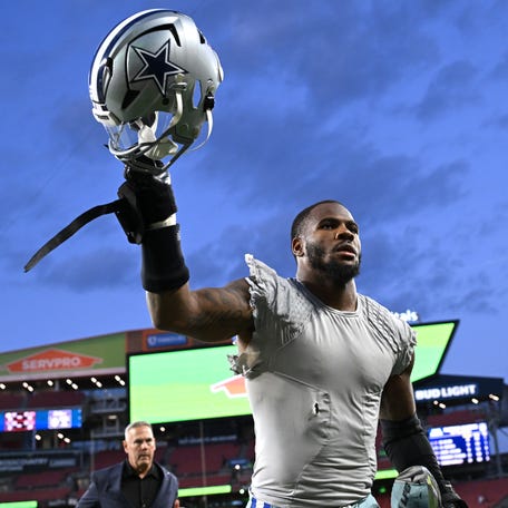 Micah Parsons #11 of the Dallas Cowboys celebrates after the game against the Cleveland Browns at Cleveland Browns Stadium on September 08, 2024 in Cleveland, Ohio.