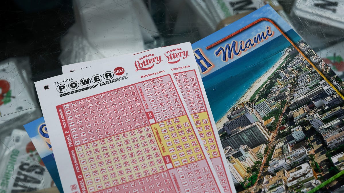 Powerball lottery ticket forms are displayed at the Downtown Miami Souvenirs store on August 26, 2025 in Miami, Florida.