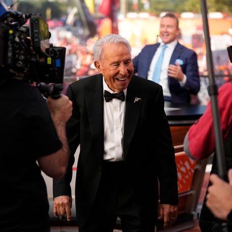Lee Corso arrives on the set of ESPN College GameDay for the Ohio State vs. Texas game.