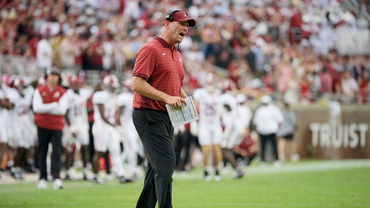 Aug 30, 2025; Tallahassee, Florida, USA; Alabama Crimson Tide head coach Kalen DeBoer reacts after a play against the Florida State Seminoles during the second half at Doak S. Campbell Stadium. Mandatory Credit: Melina Myers-Imagn Images