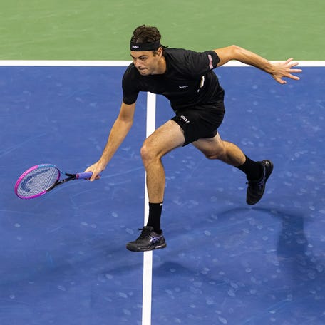 Taylor Fritz of the United States in action against Jerome Kym of Switzerland in the third round of the menâ€™s singles at the US Open at Louis Armstrong in Billie Jean King National Tennis Center in Flushing, New York on Aug. 29, 2025.