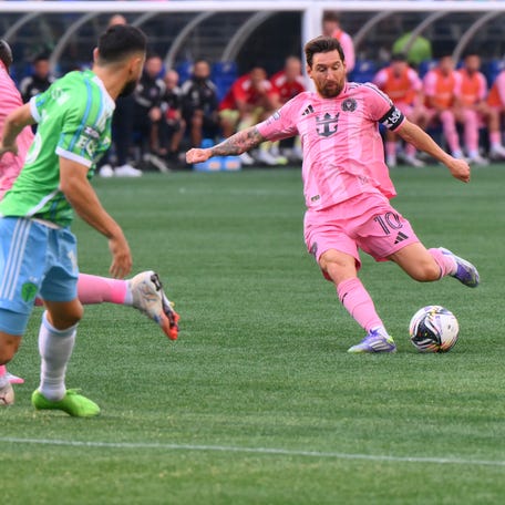 Inter Miami CF forward Lionel Messi (10) shoots against the Seattle Sounders FC during the first half at Lumen Field on Aug. 31, 2025.