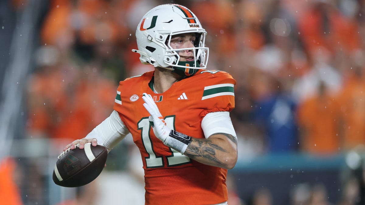 Miami quarterback Carson Beck looks to pass against Notre Dame during the first half at Hard Rock Stadium on Aug. 31, 2025.