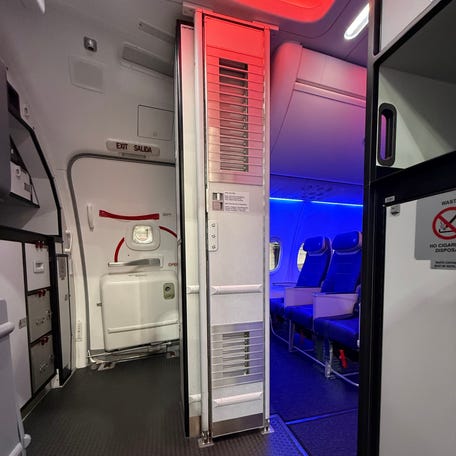 A stowed secondary cockpit barrier on a Southwest Airlines 737.