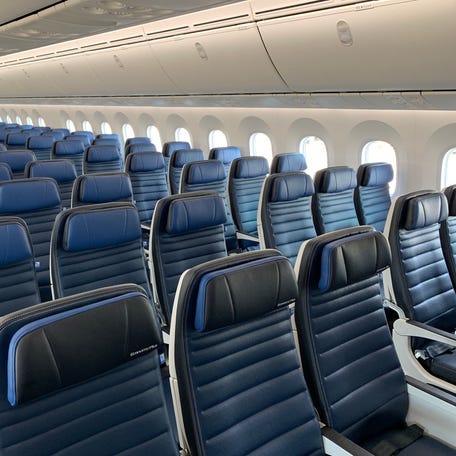 The economy cabin on United Airline's first Boeing 787-10 Dreamliner at Washington Dulles on Nov. 16, 2018.