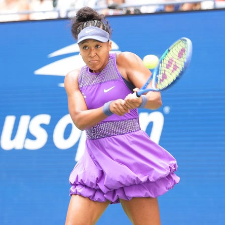 Naomi Osaka hits a backhand to Coco Gauff during their Round of 16 match at the US Open on Sept. 1, 2025.