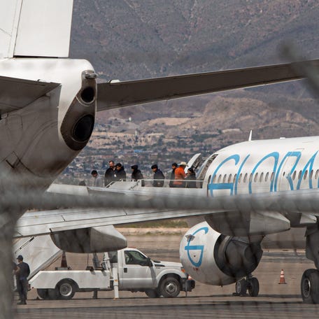 At least 10 unaccompanied minors disembark from an ICE chartered GlobalX deportation flight on Sunday, Aug. 31, 2025 after a judge ruled they be removed. The flight was set to deport the children to Guatemala.