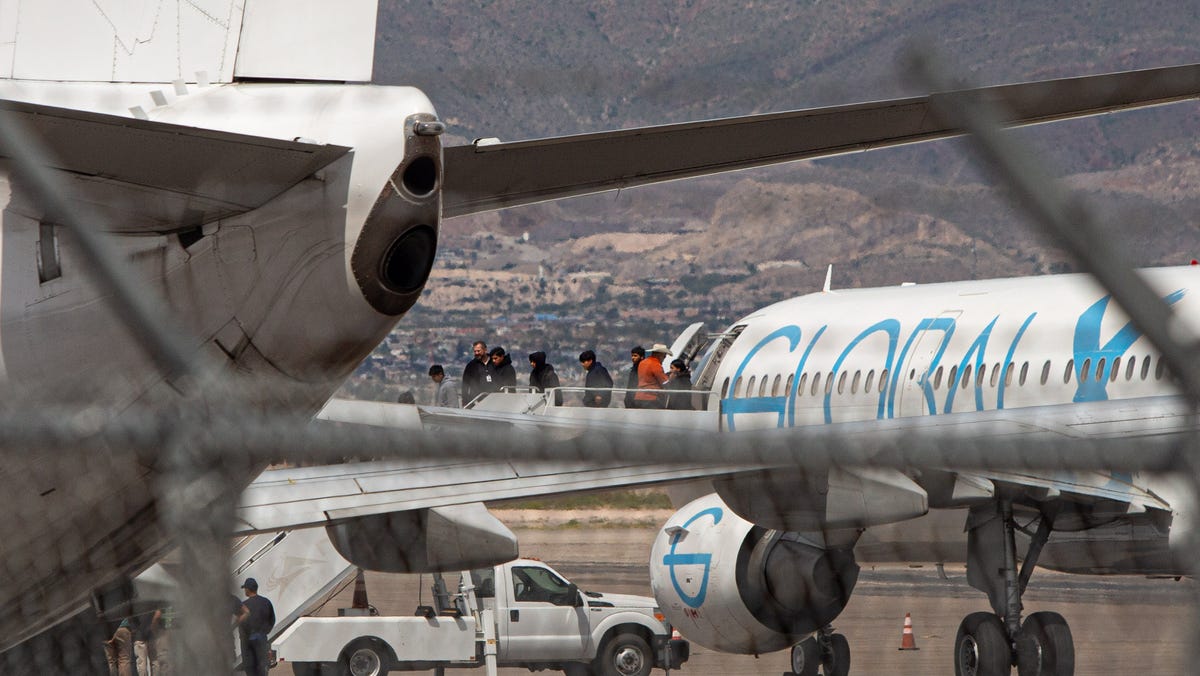 At least 10 unaccompanied minors disembark from an ICE chartered GlobalX deportation flight on Sunday, Aug. 31, 2025 after a judge ruled they be removed. The flight was set to deport the children to Guatemala.