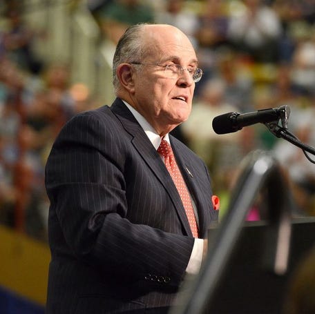 Former New York City Mayor Rudy Giuliani addresses a crowd for a rally for Republican presidential candidate Donald Trump on Sept. 12, 2016 at Asheville's U.S. Cellular Center.