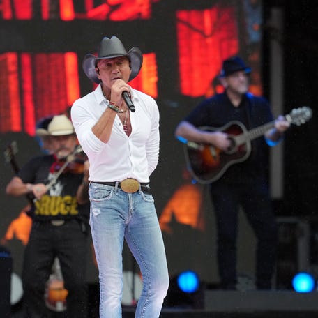 Tim McGraw performs prior to the MLB Speedway Classic between the Atlanta Braves and the Cincinnati Reds at Bristol Motor Speedway on Aug. 2, 2025 in Bristol, Tennessee.
