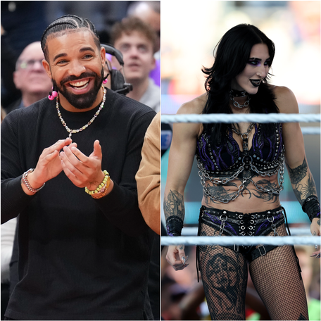 Rhea Ripley makes her entrance during the WWE 2025 SummerSlam at MetLife Stadium in East Rutherford, New Jersey on Aug. 3, 2025 / Drake smiles during the game between the Toronto Raptors and the Sacramento Kings at the Scotiabank Arena in Toronto, Ontario on Nov. 2, 2024.