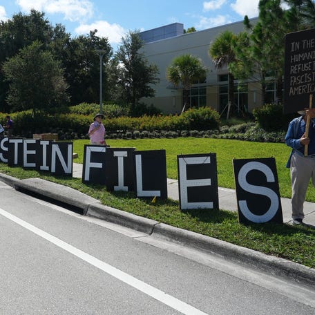 Hundreds gather along PGA Boulevard in Palm Beach Gardens on Sept. 1, 2025, for one of the 'Workers vs. Billionaires' protests nationwide. Among the issues that came up in the protest of Trump administration policies was the release of the Jeffrey Epstein files.