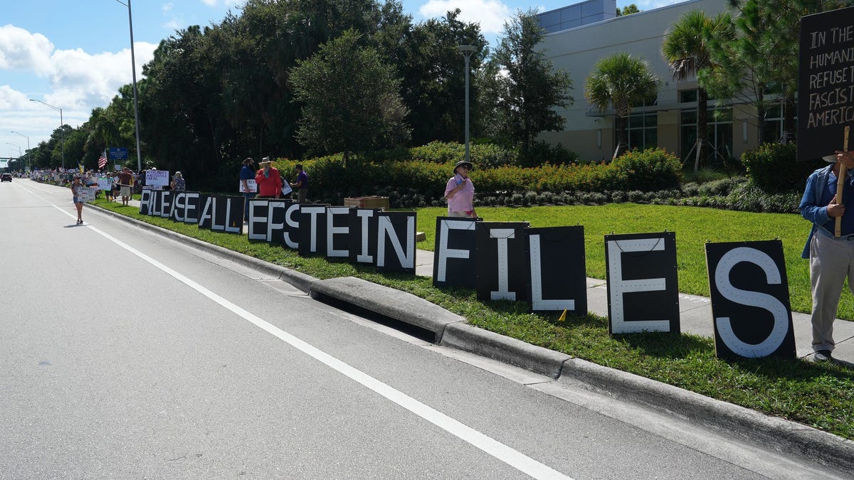 Hundreds gather along PGA Boulevard in Palm Beach Gardens on Sept. 1, 2025, for one of the 'Workers vs. Billionaires' protests nationwide. Among the issues that came up in the protest of Trump administration policies was the release of the Jeffrey Epstein files.