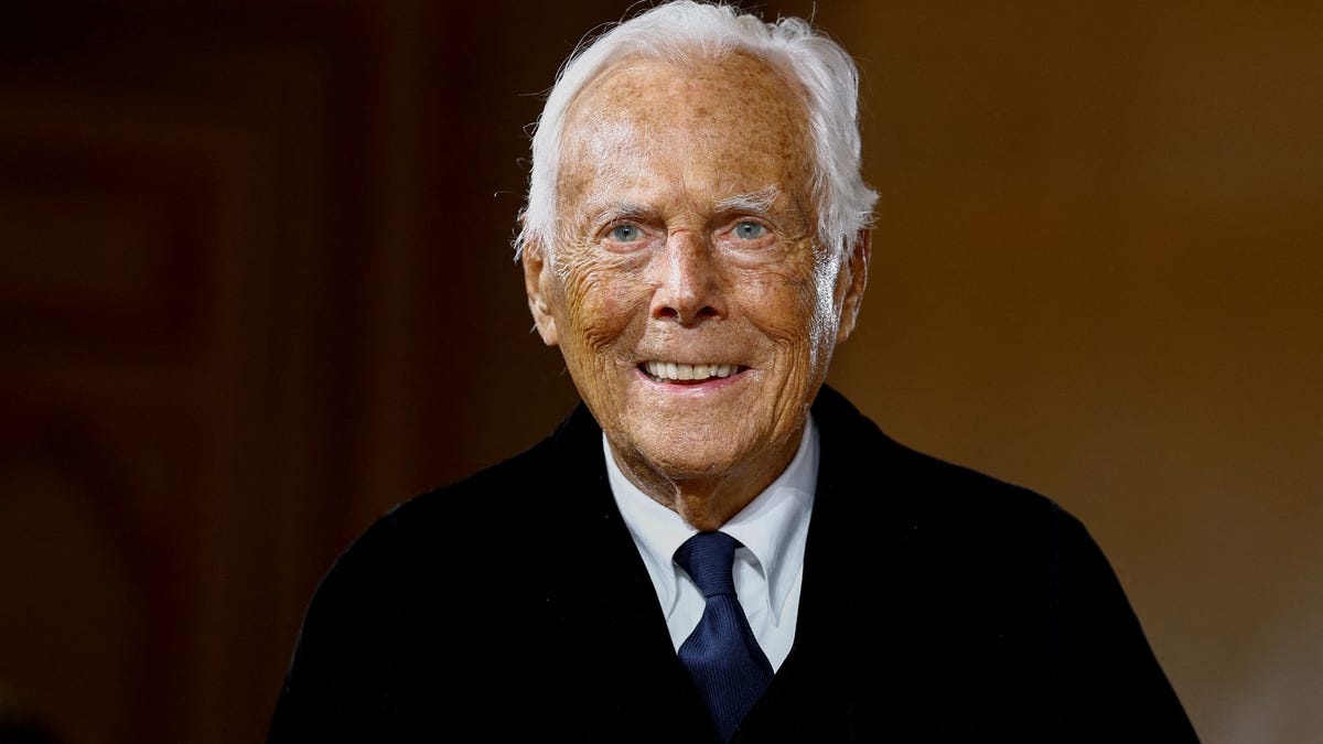 Designer Giorgio Armani appears at the end of his haute couture spring/summer 2025 collection show for Giorgio Armani Prive in Paris on Jan. 28, 2025.