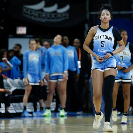 Sep 3, 2025; Chicago, Illinois, USA; Chicago Sky forward Angel Reese (5) walks on the court before a WNBA game against the Connecticut Sun at Wintrust Arena. Mandatory Credit: Kamil Krzaczynski-Imagn Images