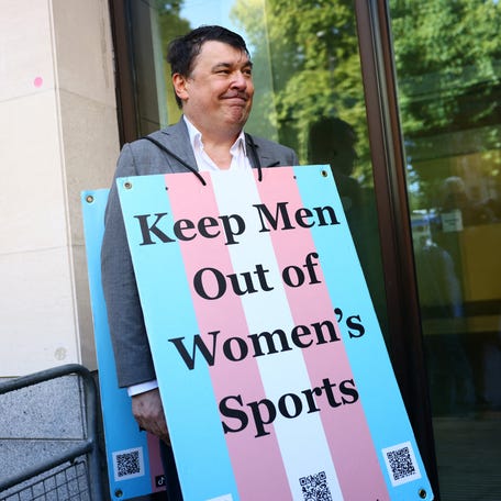 Irish comedy writer Graham Linehan demonstrates outside a court in London on Sept. 4, 2025. Linehan, co-creator of British TV sitcoms 