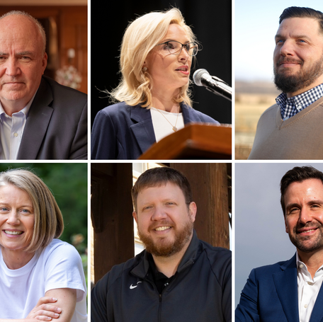 A crowded field is running for U.S. Senate: (clockwise from left) Republicans Jim Carlin, U.S. Rep. Ashley Hinson and Joshua Smith; Democrats Bob Krause, state Sen. Zach Wahls, state Rep. Josh Turek, Nathan Sage and Des Moines School Board Chair Jackie Norris.