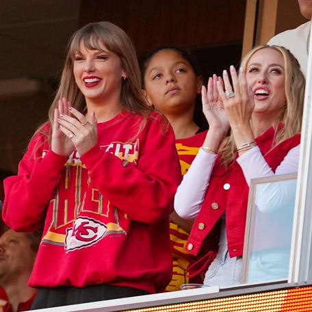 Taylor Swift attends her fourth NFL game in support of boyfriend Travis Kelce, along with Brittany Mahomes as the Kansas City Chiefs play the Los Angeles Chargers at GEHA Field at Arrowhead Stadium on Oct. 22, 2023.