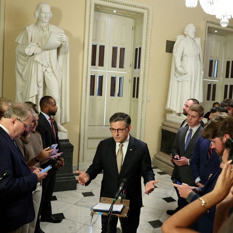 House Speaker Mike Johnson, R-Louisiana, speaks with reporters at the U.S. Capitol in Washington, DC, on July 23, 2025.