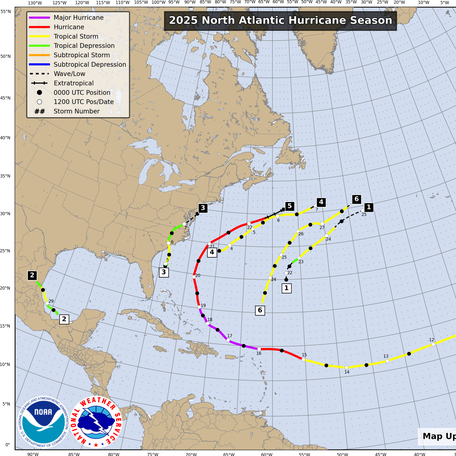 The tracks of the six hurricanes and tropical storms the Atlantic hurricane basin has produced so far this year.