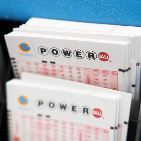 Number slips for Powerball lottery tickets for a $750 Million grand prize jackpot inside the Bluebird Liquor Store, which has sold winning tickets in past large lottery jackpots, in Hawthorne, California on August 25, 2025.