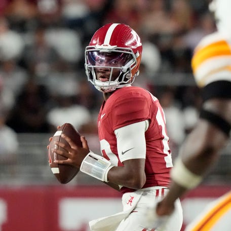 Sep 6, 2025; Tuscaloosa, Alabama, USA; Alabama quarterback Keelon Russell (12) drops back to pass against UL Monroe at Saban Field at Bryant-Denny Stadium. Alabama defeated UL Monroe 73-0. Mandatory Credit: Gary Cosby Jr.-Imagn Images