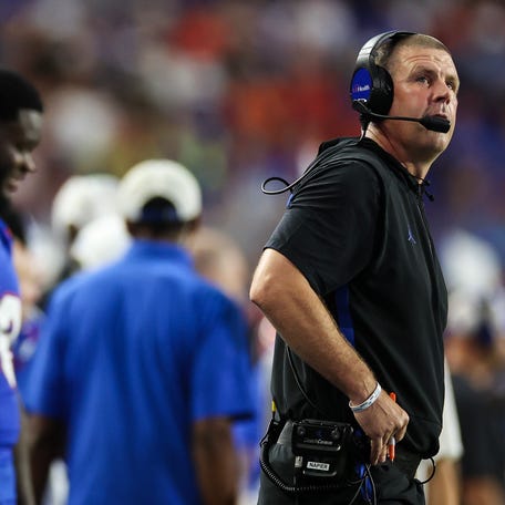 Florida Gators coach Billy Napier looks on during the 4th quarter of a game against the South Florida Bulls at Ben Hill Griffin Stadium on Sept. 6, 2025 in Gainesville, Florida.