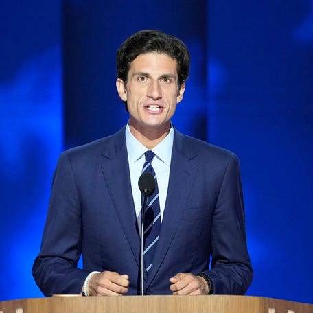 Jack Schlossberg, former President John F. Kennedy's grandson, speaks during the second day of the Democratic National Convention at the United Center in Chicago.